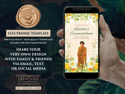 Sreemantham invite as Seemantham invitation, South Indian Baby Shower invite as Godh Bharai invite, Valaikappu Seemantham invite Godh bharai