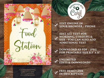 Desi Food station sign Indian Food stall sign & Food signs for Indian Wedding decor, Indian wedding food signs as Indian favour sign Mehndi