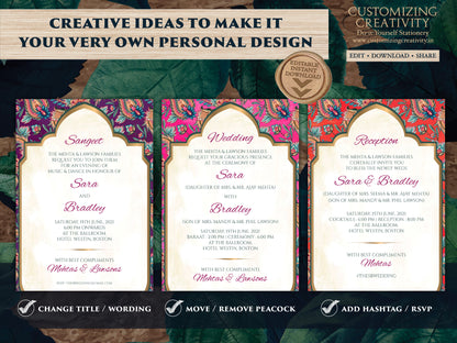 Paisley Wedding Invitation Template Download for a Boho Indian Wedding Peacock Invitation Suite, Modern, Elegant DIY Editable Wedding Invite