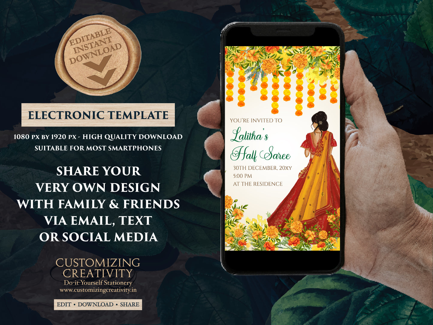 Half Saree function invitations & Saree Evite, Half saree invitations as Saree ceremony invite, Saree function invite as Half saree invites