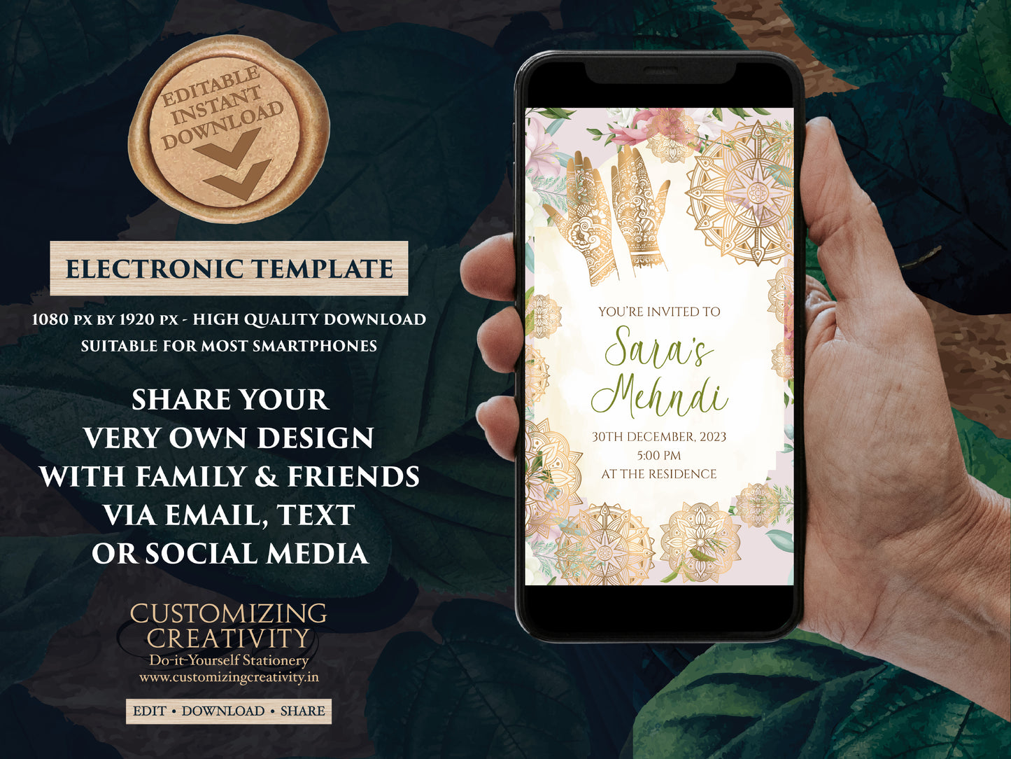 Mehndi invitations as Mendhi invites, Mehendi invitations as Henna Party invites Mehndi Invites, Mendhi Night invite & Digital Mehndi invite