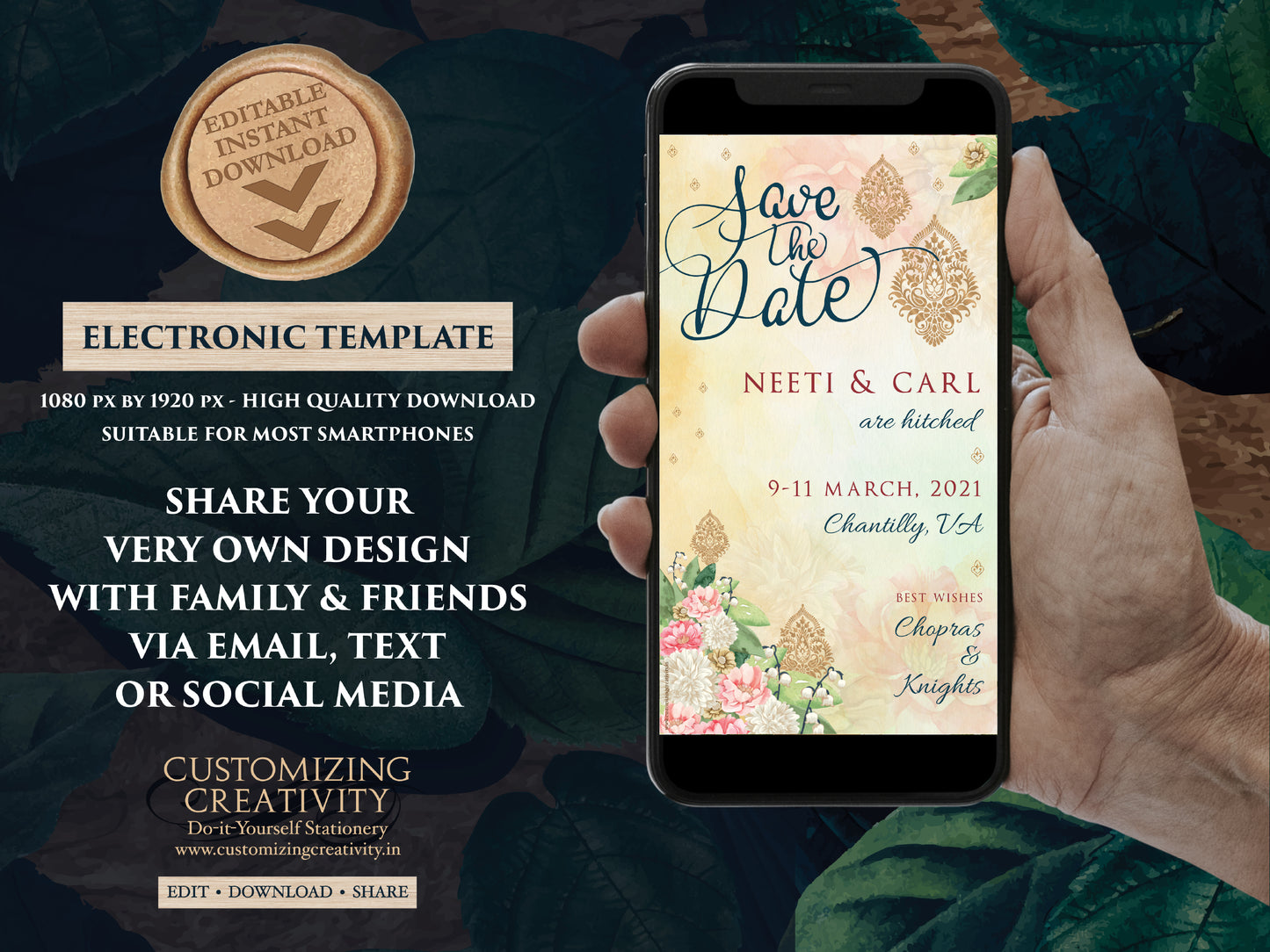 Indian Save the date Electronic as Hindu Save the Date Digital, Wedding Save the Date Floral & Desi Wedding Save the Date Whats App invite