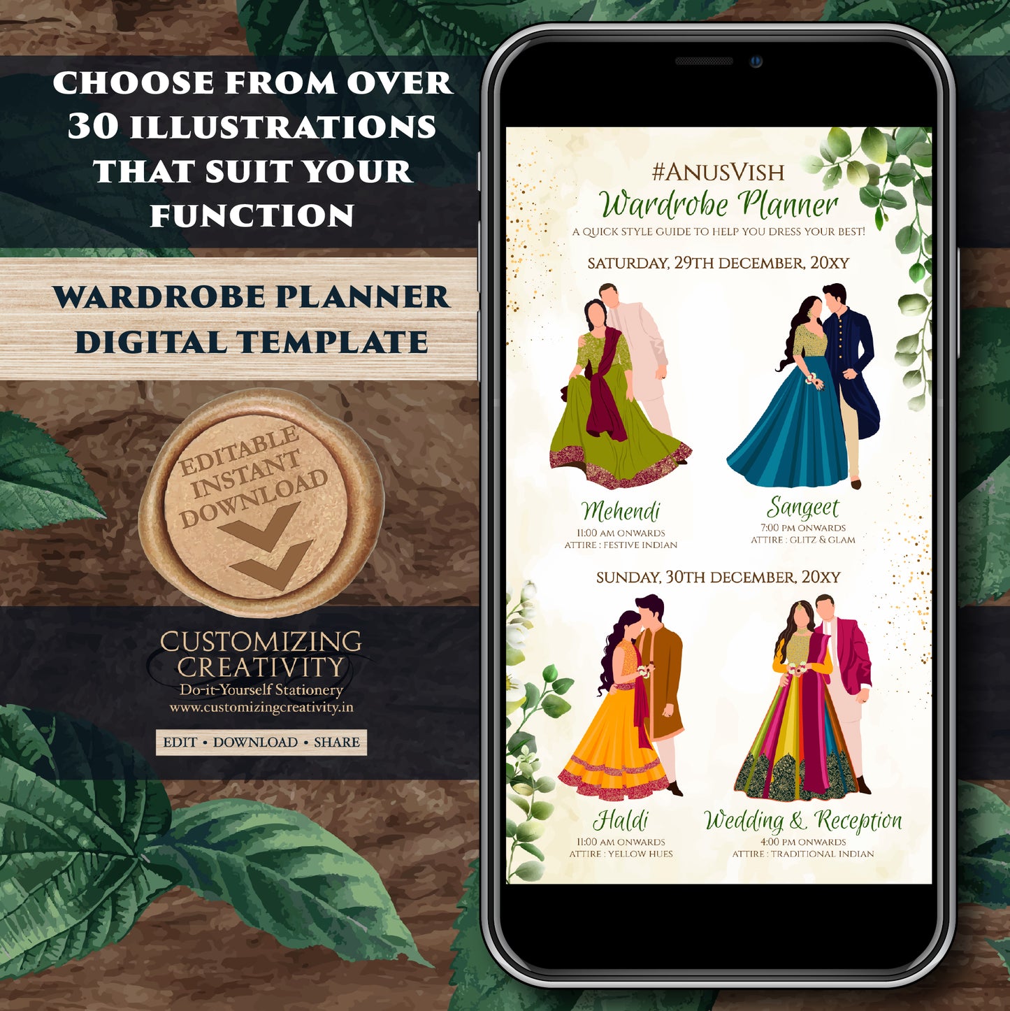 Indian Wedding Wardrobe Planner Hindu Wedding Program, Indian Wedding Program & Indian wedding itinerary as Digital Indian wedding Timeline