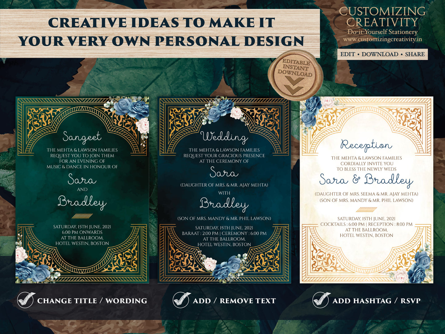 Emerald Gold Wedding Invitation Navy as Arabic Wedding invite Moroccan, Jewel tone Wedding Card Moroccan, Muslim Wedding Invite Nikkah card