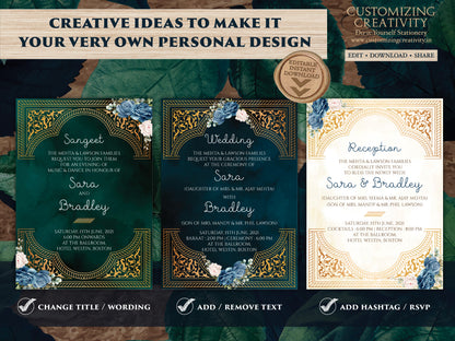 Emerald Gold Wedding Invitation Navy as Arabic Wedding invite Moroccan, Jewel tone Wedding Card Moroccan, Muslim Wedding Invite Nikkah card