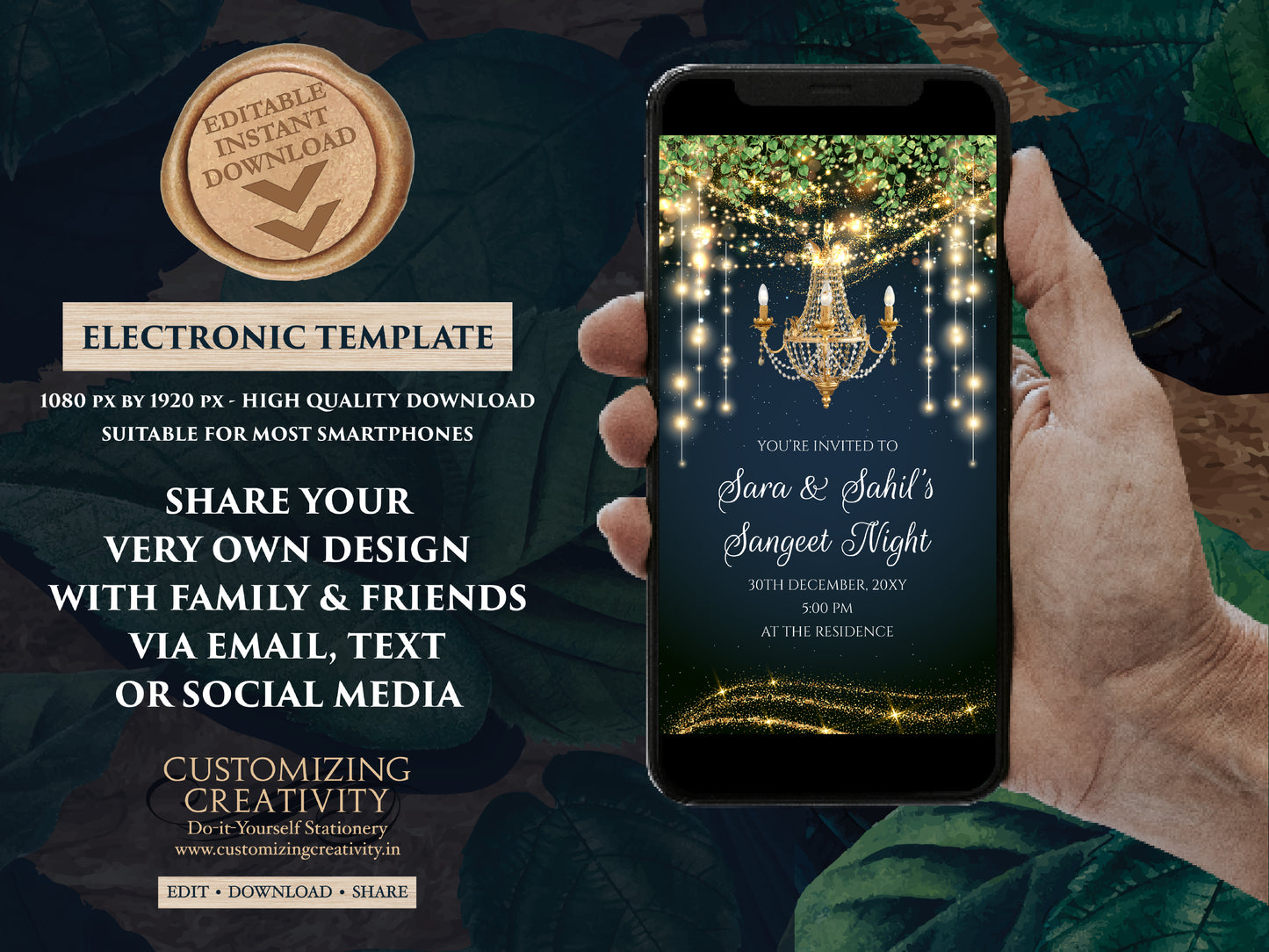 Indian Sangeet invites as Digital Sangeet invitation, Digital Sangeet party invite & Wedding Sangeet card, Digital Indian wedding invitation