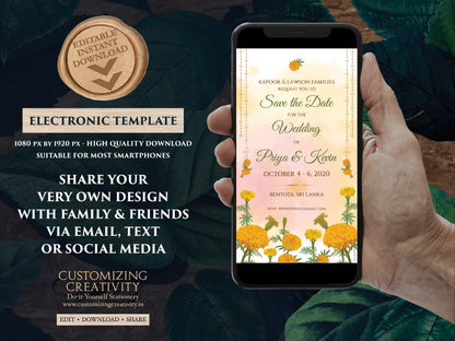 Marigold Save the date Electronic as Indian Save the Date Orange, Hindu Wedding Save the Date Genda Phool invite & WhatsApp Save the Dates