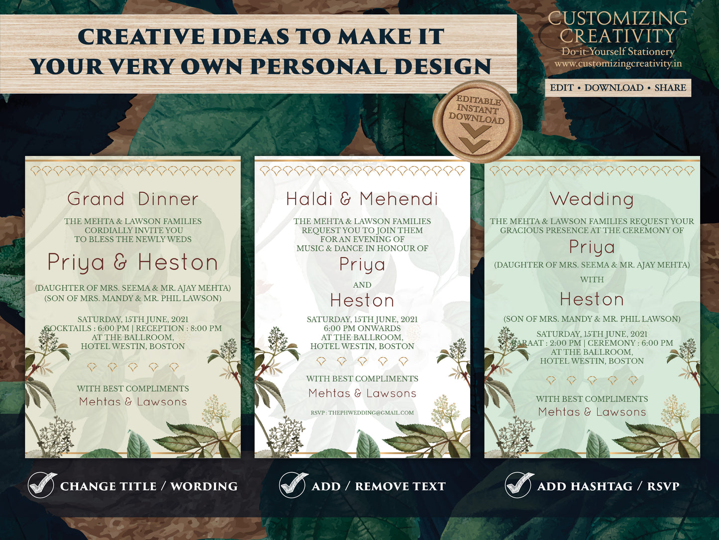 Garden Wedding Invites as Greenery Wedding card Garden, Botanical Invitations Pastel, Indian Wedding invites & Hindu Wedding cards Digital