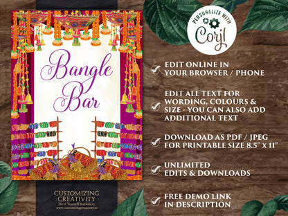 Bangle Bar signs Desi Wedding decor, Bangle decoration & Henna station sign Dholki decor, Mehndi decor as Dholki decor, Bindi station sign