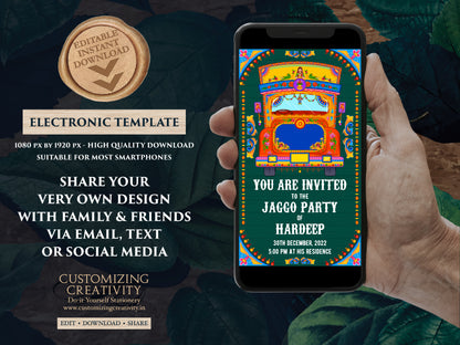 Jago Party invite & Bollywood party invite digital, Jaggo invites as Indian truck art invites, Jaggo Night invites, Punjabi party invitation