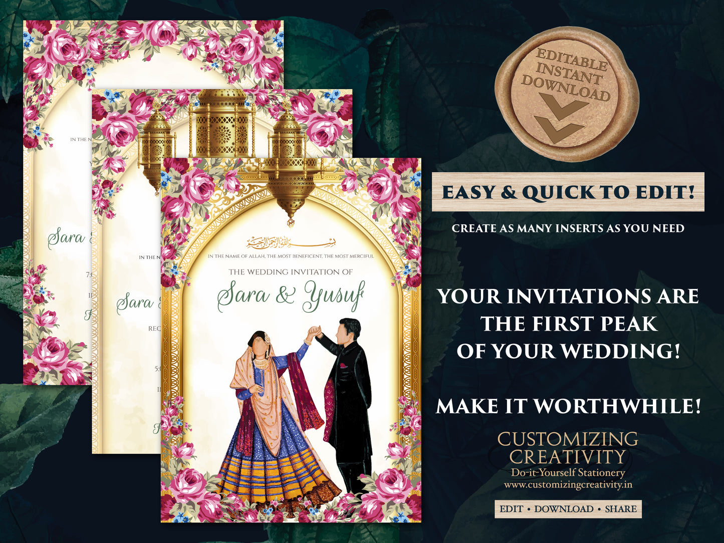 Shaadi Invitations Digital Muslim wedding invite, Islamic wedding Invitation & Nikkah invitation, Muslim Shadi card as digital Nikkah invite