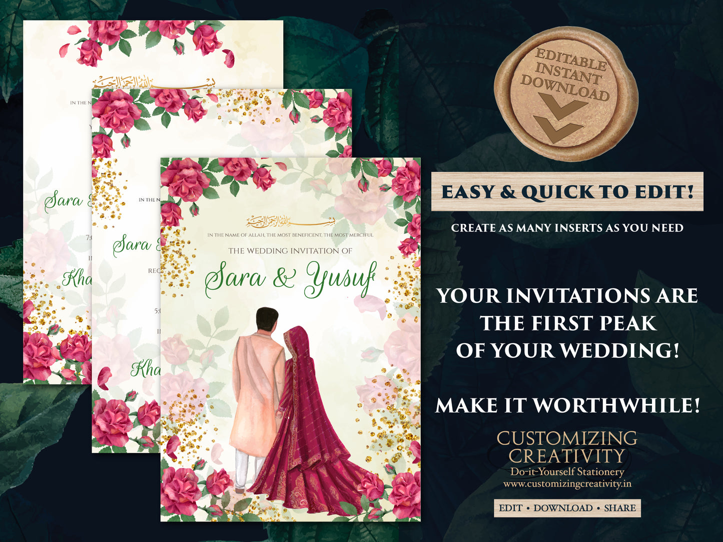 Digital Islamic Walima card Muslim Invitations, Nikkah invite Arabic Invitation & Digital Nikkah cards, Muslim wedding cards as Shaadi cards