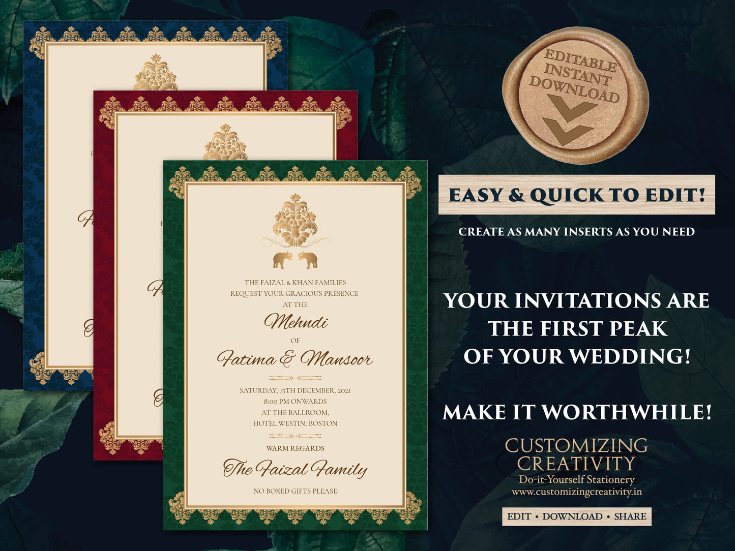 Muslim Wedding invitation as Arabic Wedding Card, Nikkah invite, Nikah invitation as Arabic invite, Moroccan invite as Muslim invitation