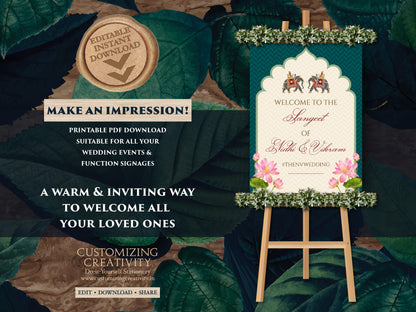 Sangeet Welcome signs as Royal Wedding signs, Indian Wedding sign Sangeet as Elephant decor Sign, Sangeet Decor Sign Emerald & Hindu Welcome