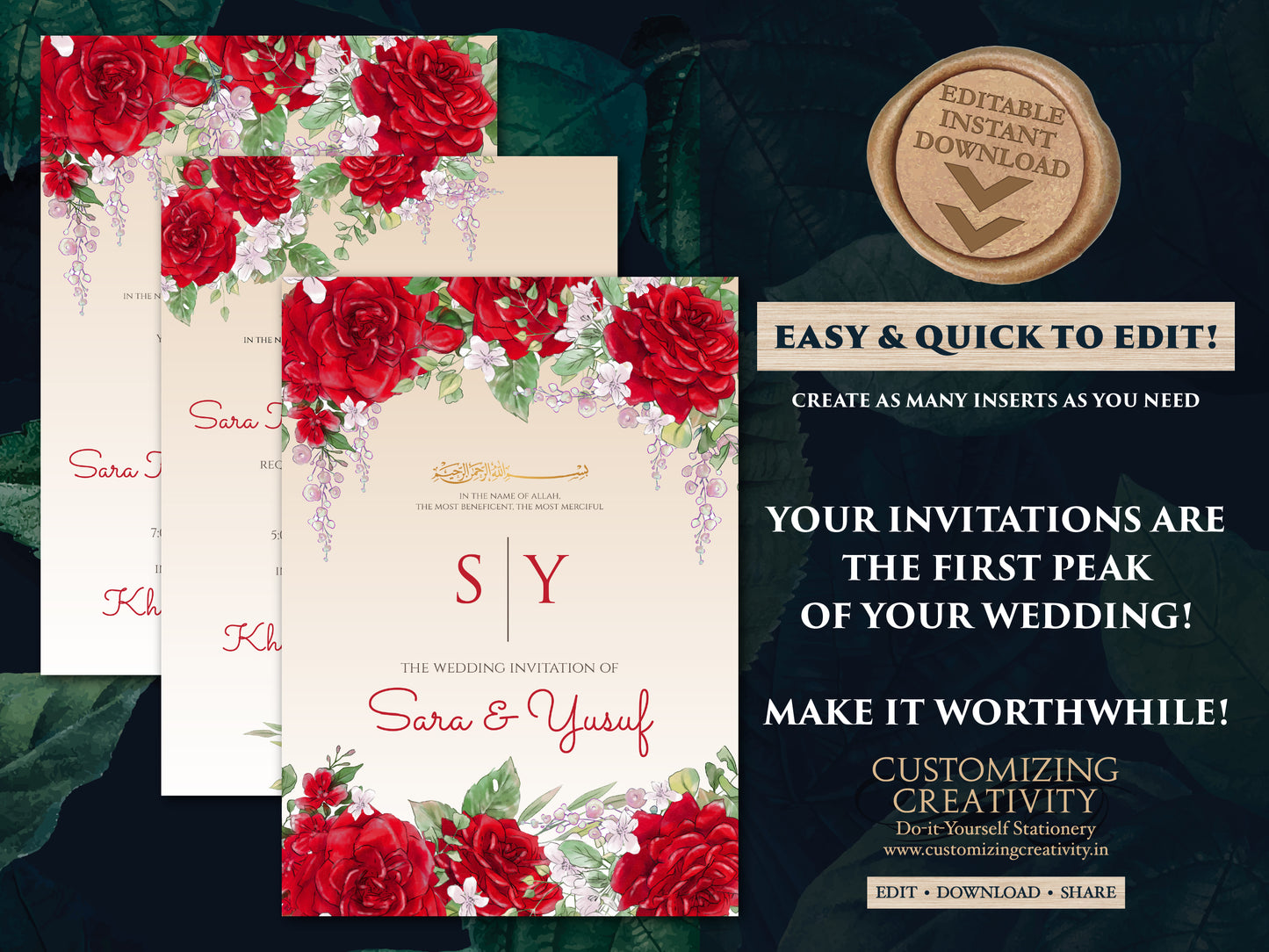 Muslim wedding cards Islamic as Nikkah cards, Digital Muslim Wedding Invitation Islamic, Nikkah invitation & Pakistani Wedding invite Muslim