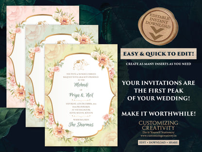 Indian invitations Elephant as Floral cards Elephant Hindu wedding, Pastel Invitations as Elephant Wedding Invite Indian Floral, Shaadi Card
