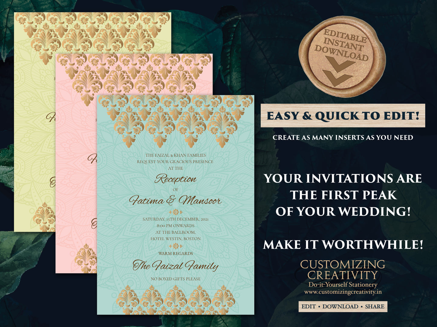 Muslim invitation as Royal Wedding Card, Shaadi invitations Mehndi as Desi Wedding card Gold, Digital Nikah invitation Muslim Wedding cards