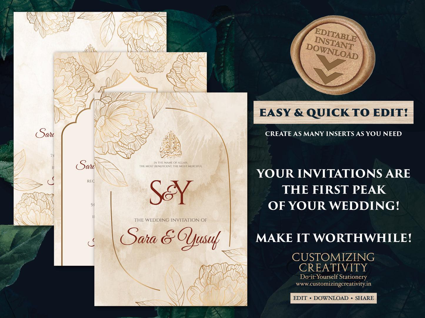 Muslim wedding cards Islamic Nikkah invitations, Digital Muslim Wedding Invitation Islamic, Nikkah cards & Pakistani Wedding invite Muslim