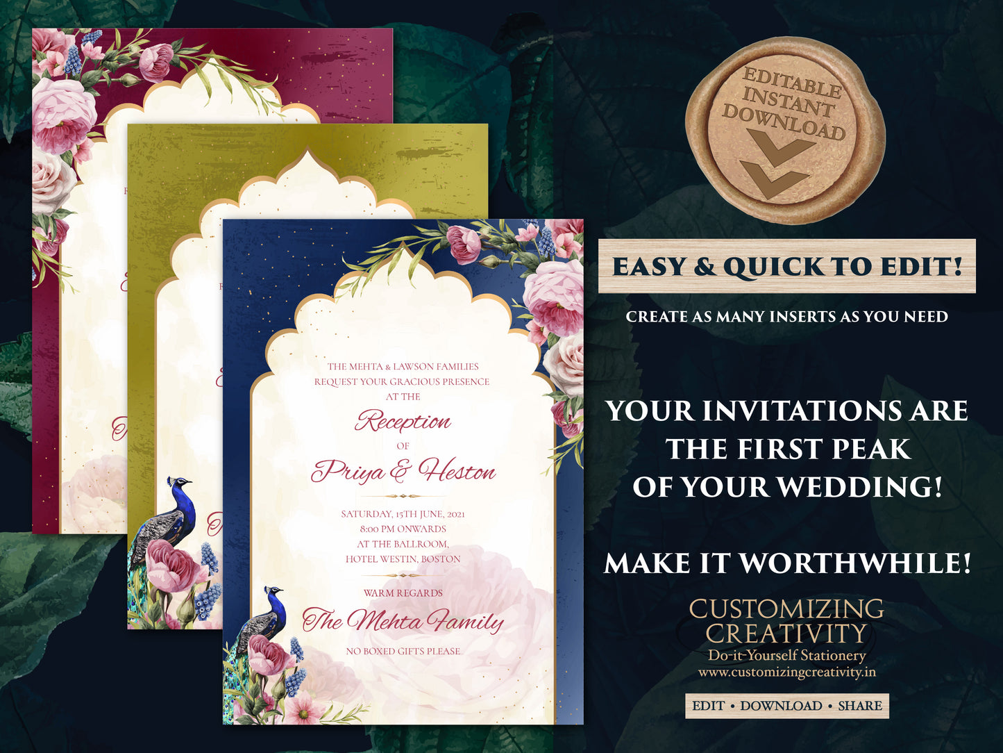 Peacock Wedding Invitation as Peacock invitations, Indian Invitation Jewel Tones & Indian Peacock invites, Indian Wedding invitations Hindu