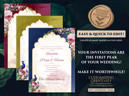 Peacock Wedding Invitation as Peacock invitations, Indian Invitation Jewel Tones & Indian Peacock invites, Indian Wedding invitations Hindu