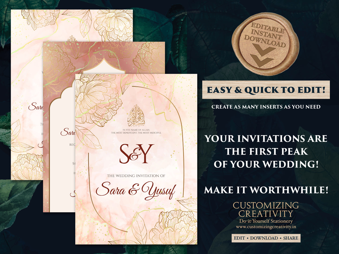 Islamic wedding cards Muslim Nikkah cards, Digital Muslim Wedding Invite Islamic & Nikkah invitation, Digital Pakistani Wedding cards Muslim