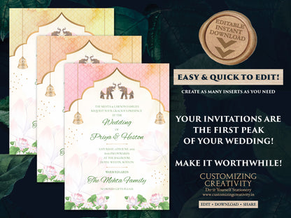 Pastel Invitation for Indian Wedding, Indian Elephant Invitation Template Download for Pastel Wedding in Blush Pink with Elephants & Lotus