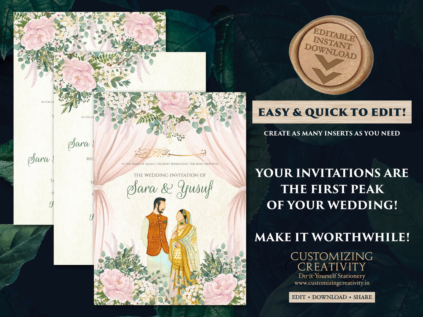 Muslim wedding Invitation Digital Nikkah invite, Islamic wedding Invitation Pakistani & Nikah invitation, Muslim wedding card as Shaadi card