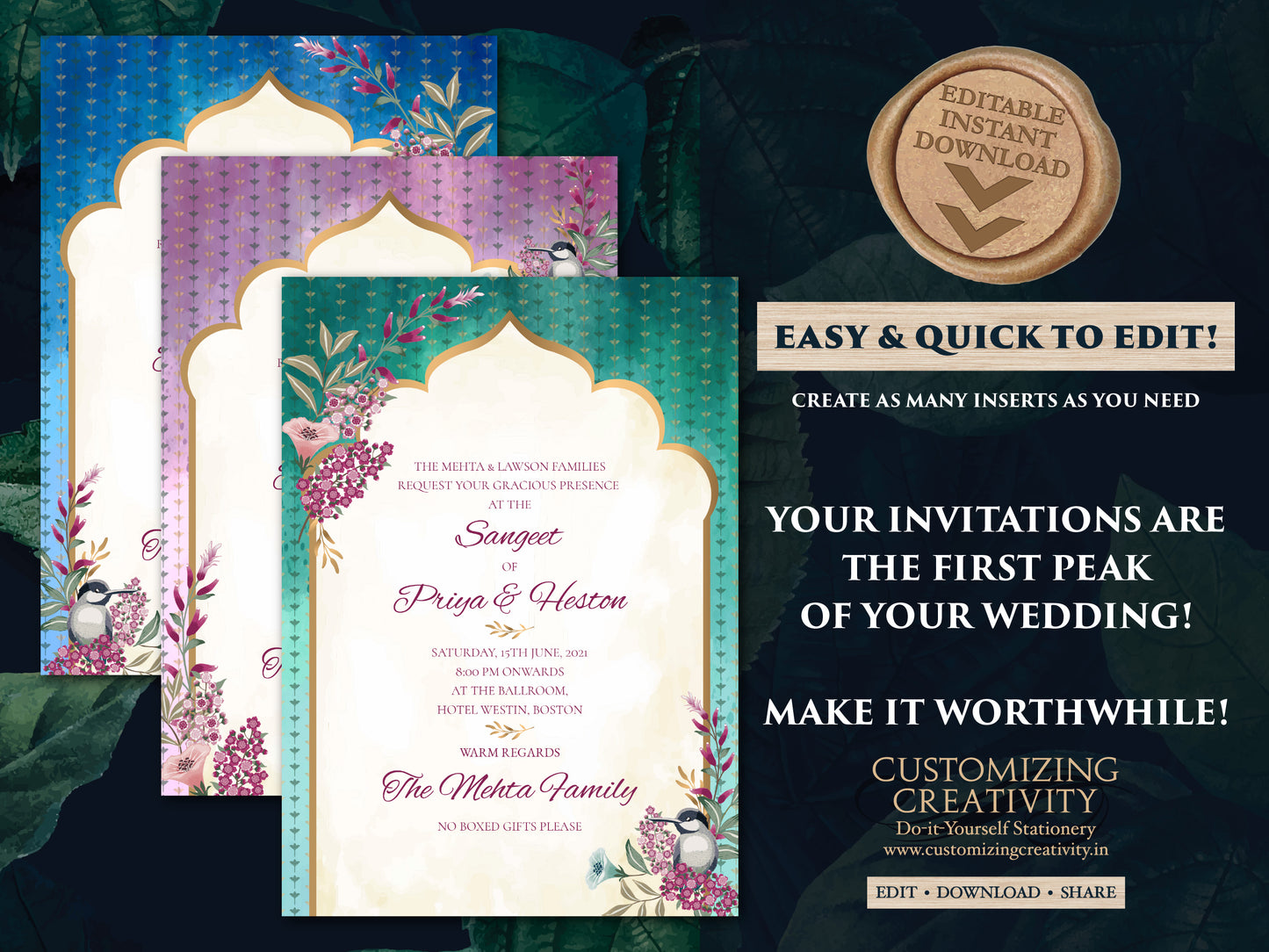 Jewel Tone Wedding Invitation Template Download for Boho Indian Wedding, Royal Invitation Suite Indian invitation card with Jewel Tones