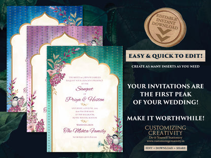 Jewel Tone Wedding Invitation Template Download for Boho Indian Wedding, Royal Invitation Suite Indian invitation card with Jewel Tones