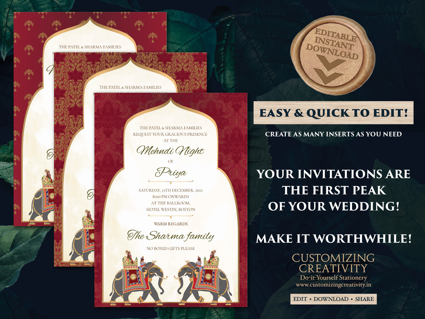 Indian Wedding Invitations as Elephant Invitation Hindu Wedding card, Hindu invitations as Royal Wedding invite, Indian Invitation Elephants