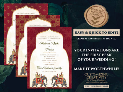 Indian Wedding Invitations as Elephant Invitation Hindu Wedding card, Hindu invitations as Royal Wedding invite, Indian Invitation Elephants