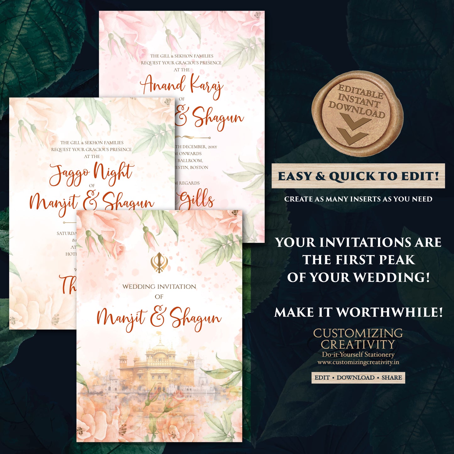 Punjabi Shaadi card Sikh Wedding invitation, Sikh wedding card & Punjabi Wedding invitation, Indian wedding invitation Sikh wedding invite