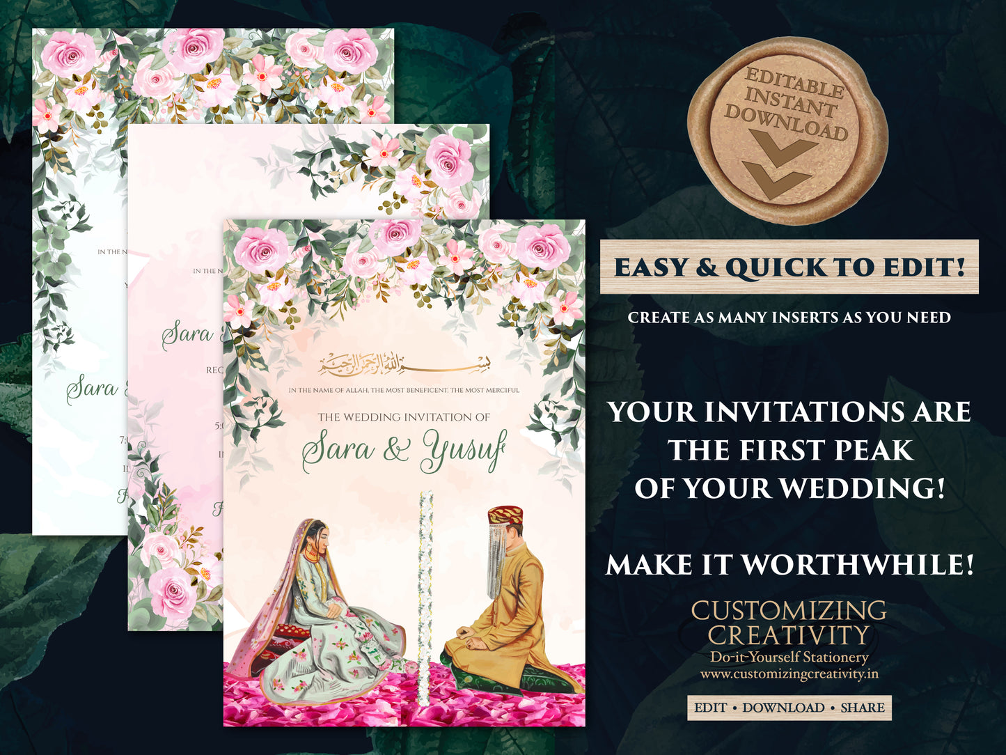 Nikkah Invitations Digital Muslim wedding cards, Muslim wedding Invitation & Nikah invitation, Muslim Shaadi cards as Digital Nikkah invites