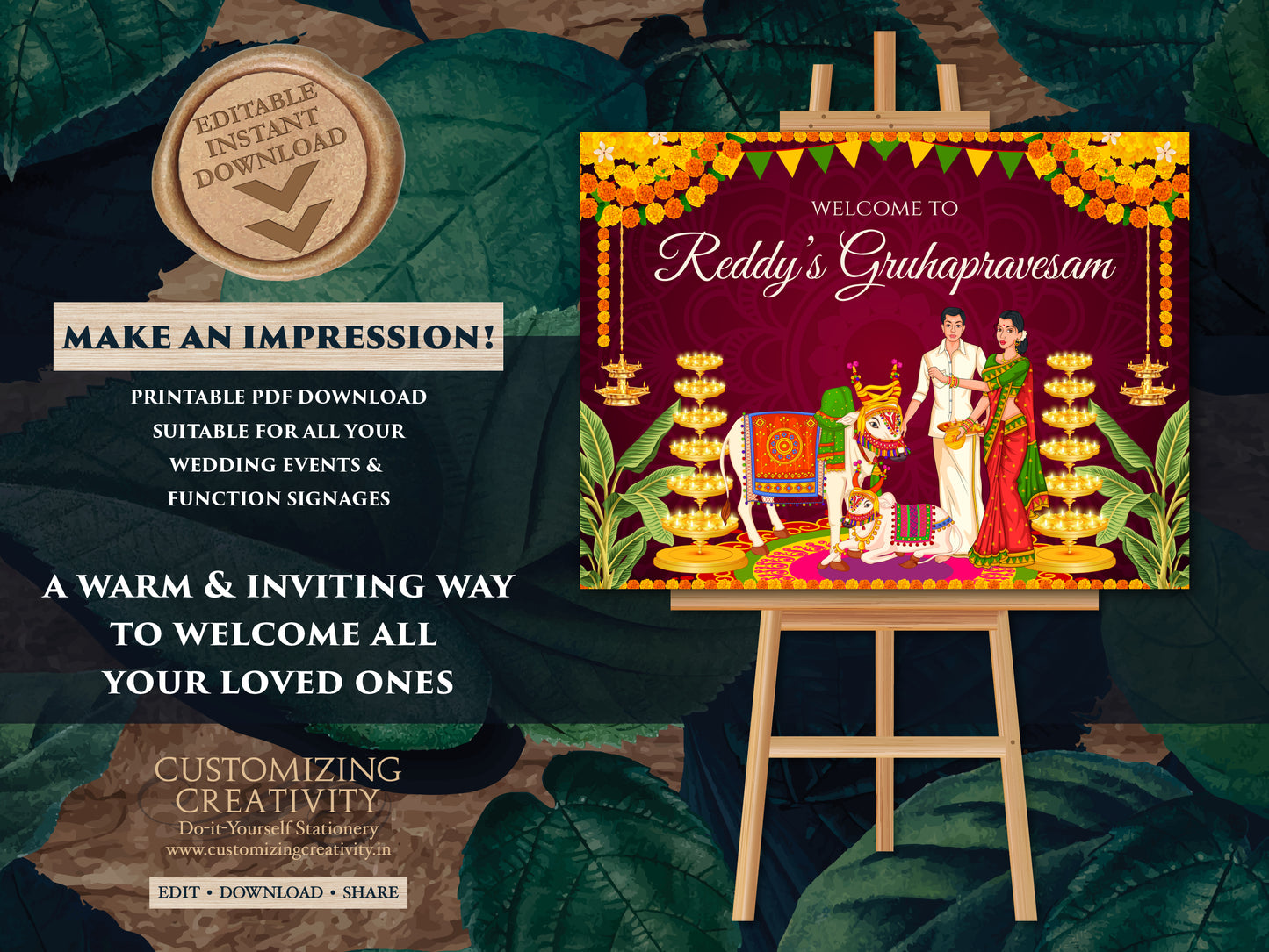 Housewarming board as Telugu Housewarming sign, Gruha Pravesham sign as Gruhapravesam sign, Indian Housewarming banner & Housewarming poster
