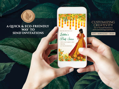 Half Saree function invitations & Saree Evite, Half saree invitations as Saree ceremony invite, Saree function invite as Half saree invites