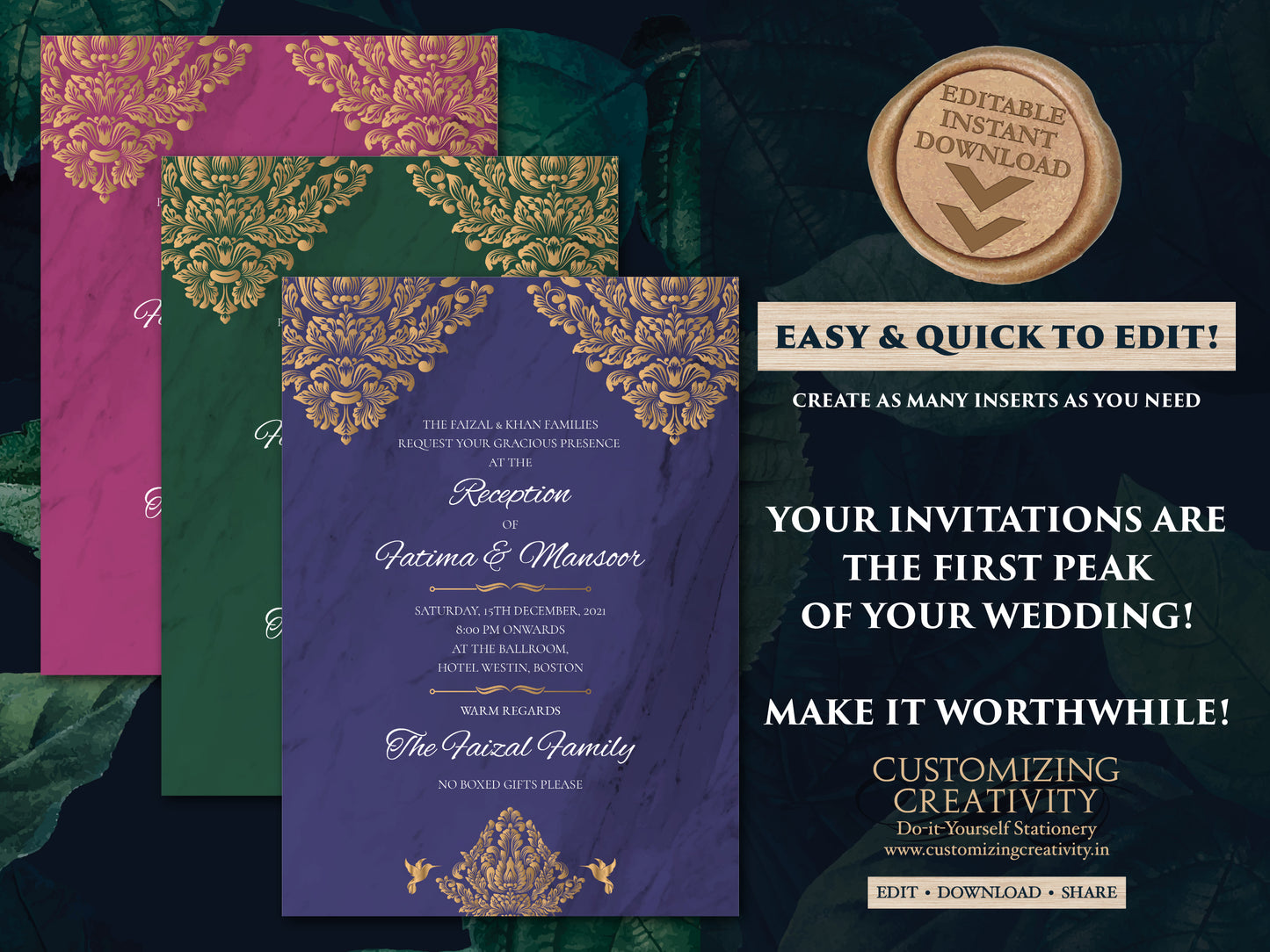 Emerald Green & Gold Nikah invite as Arabic Wedding card, Nikkah Invitation and Muslim invitation, Gold and Emerald Muslim Wedding invites