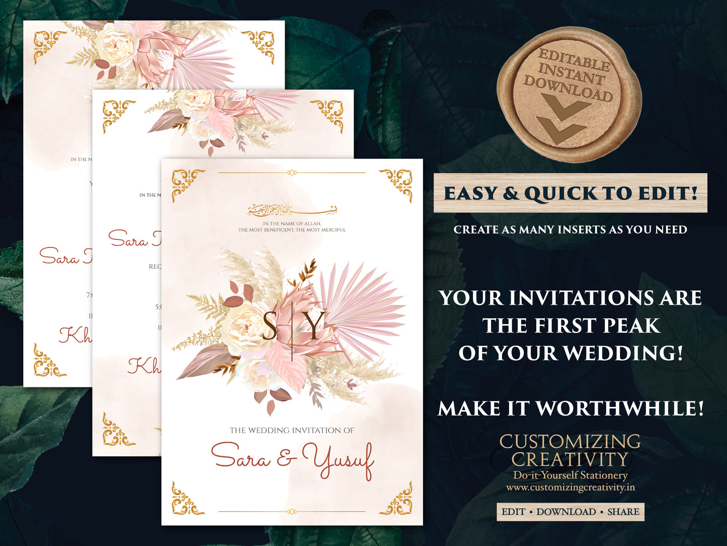 Nikkah invitation & Pakistani Wedding invite Muslim, Muslim wedding cards Islamic as Nikkah cards, Digital Muslim Wedding Invitation Islamic