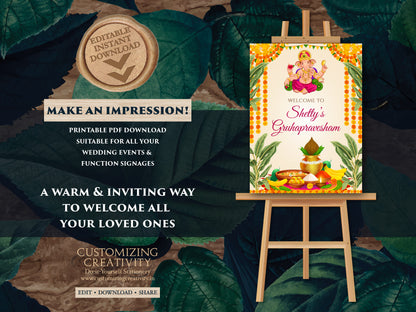 Indian Pooja sign & Ganesh puja sign, Gruhapravesam poster as Grihapravesh sign, Gruhapravesham sign as Indian Housewarming welcome sign