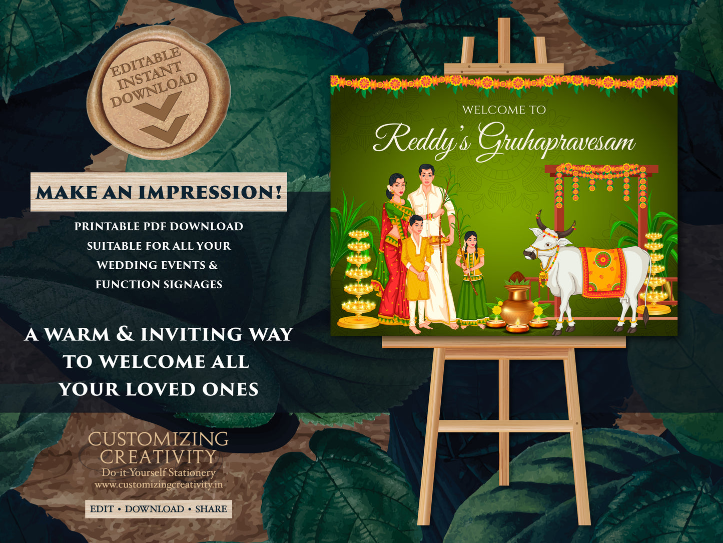 Gruhapravesam sign with cow & Gruhapravesham sign, Indian Housewarming poster as Telugu Housewarming welcome sign, Indian Housewarming board