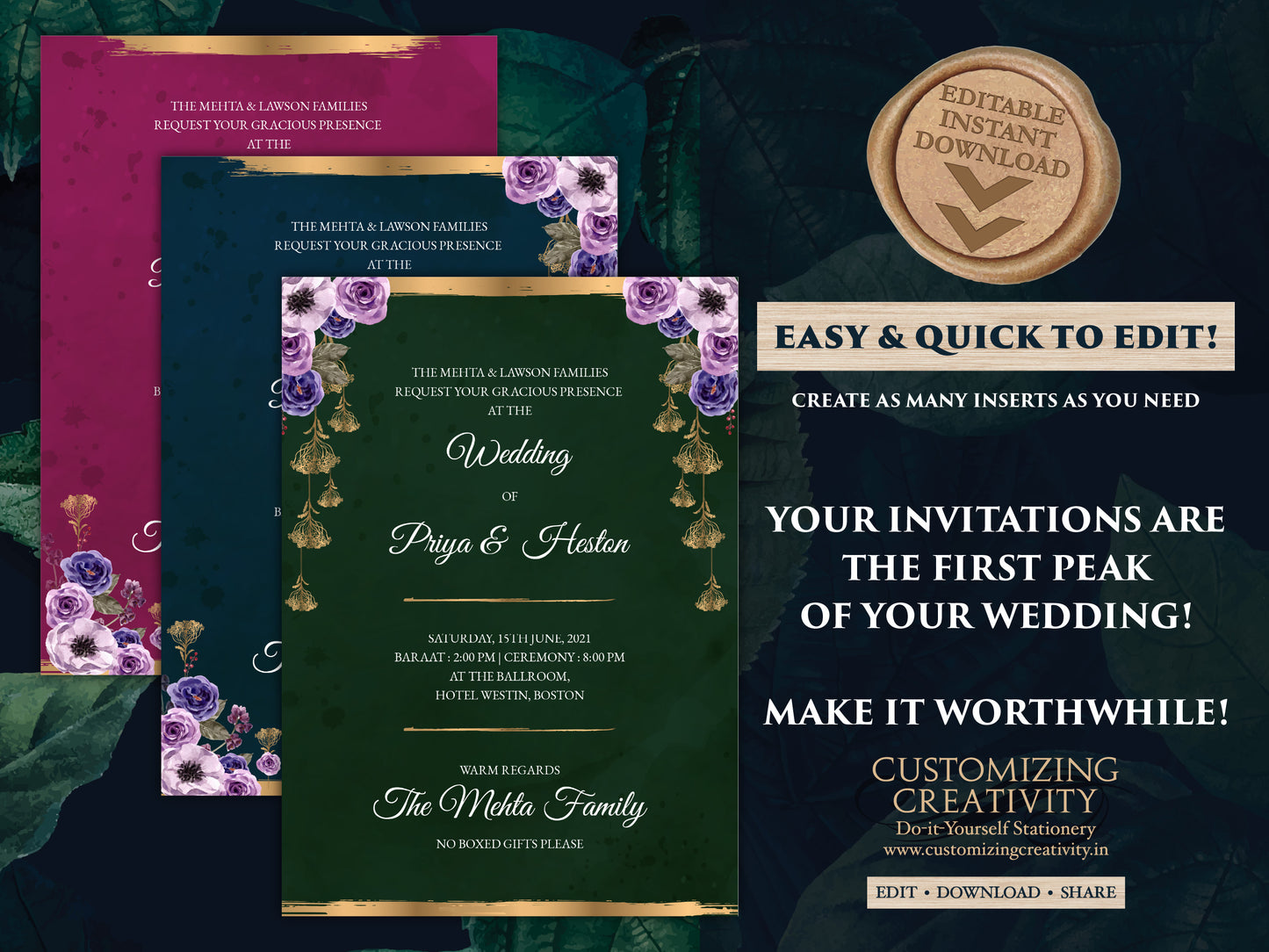 Jewel Tone Wedding Invitation Download for Fall Wedding Invitation, Fall Invitation Suite Navy, Emerald & Pink Wedding Invite Fall Wedding