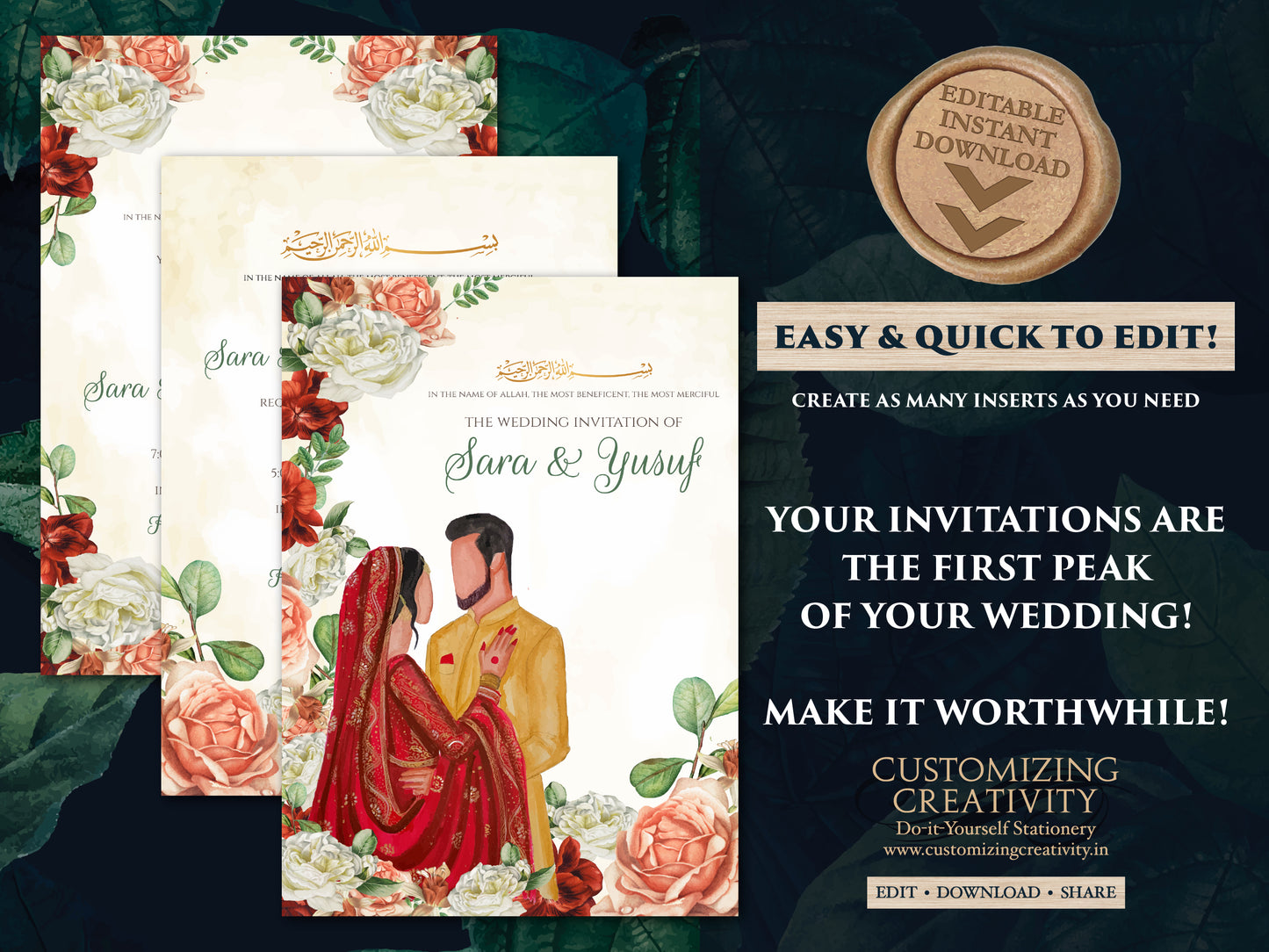 Muslim wedding cards Nikkah invitation Pakistani & Digital Islamic wedding card as Nikkah invite, Shaadi invitation Digital Nikah invitation