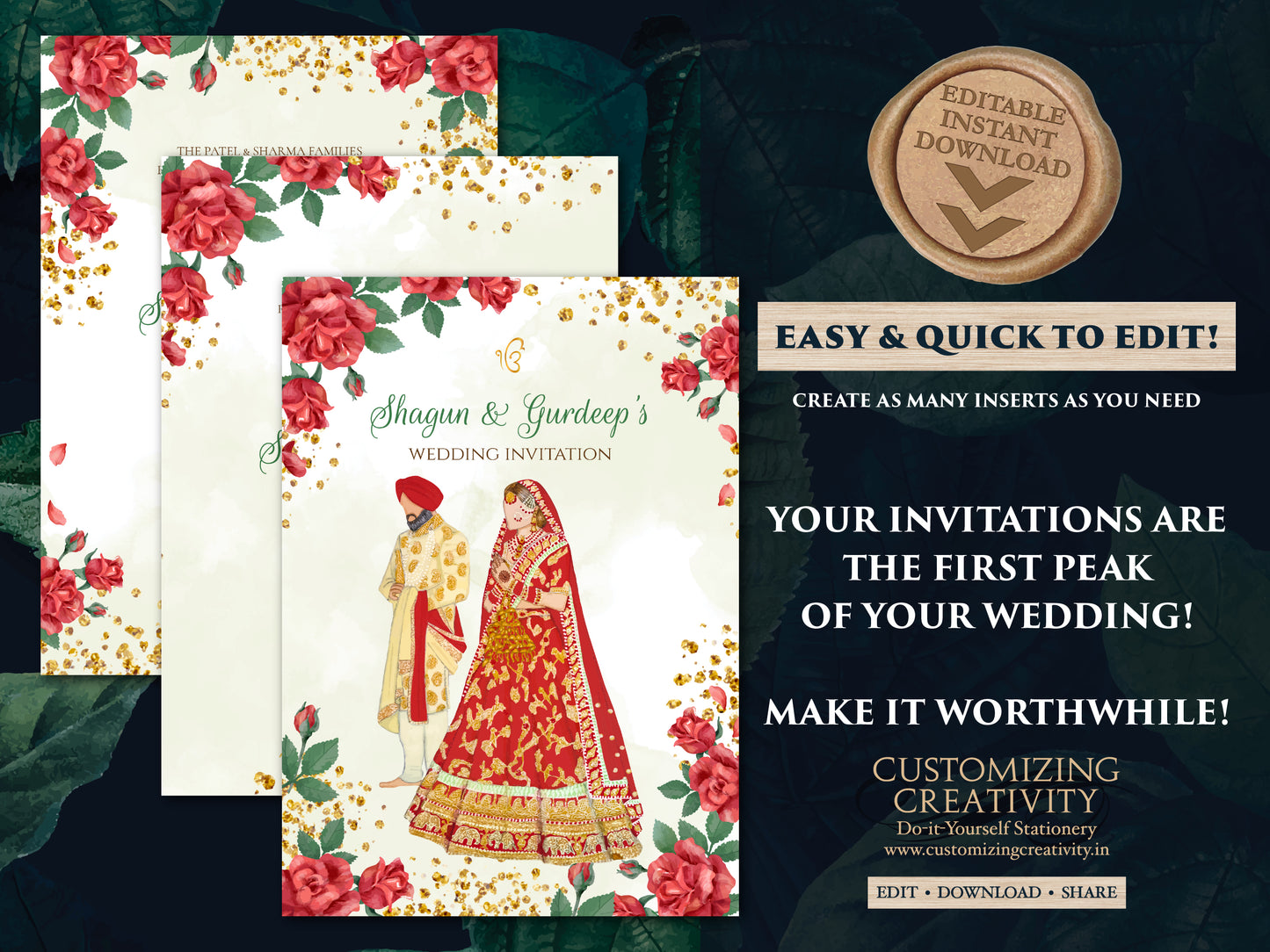 Punjabi Wedding invite as Sikh invitations, Punjabi wedding card as Sikh wedding card Indian, Anand Karaj invites & Sikh Wedding Invite