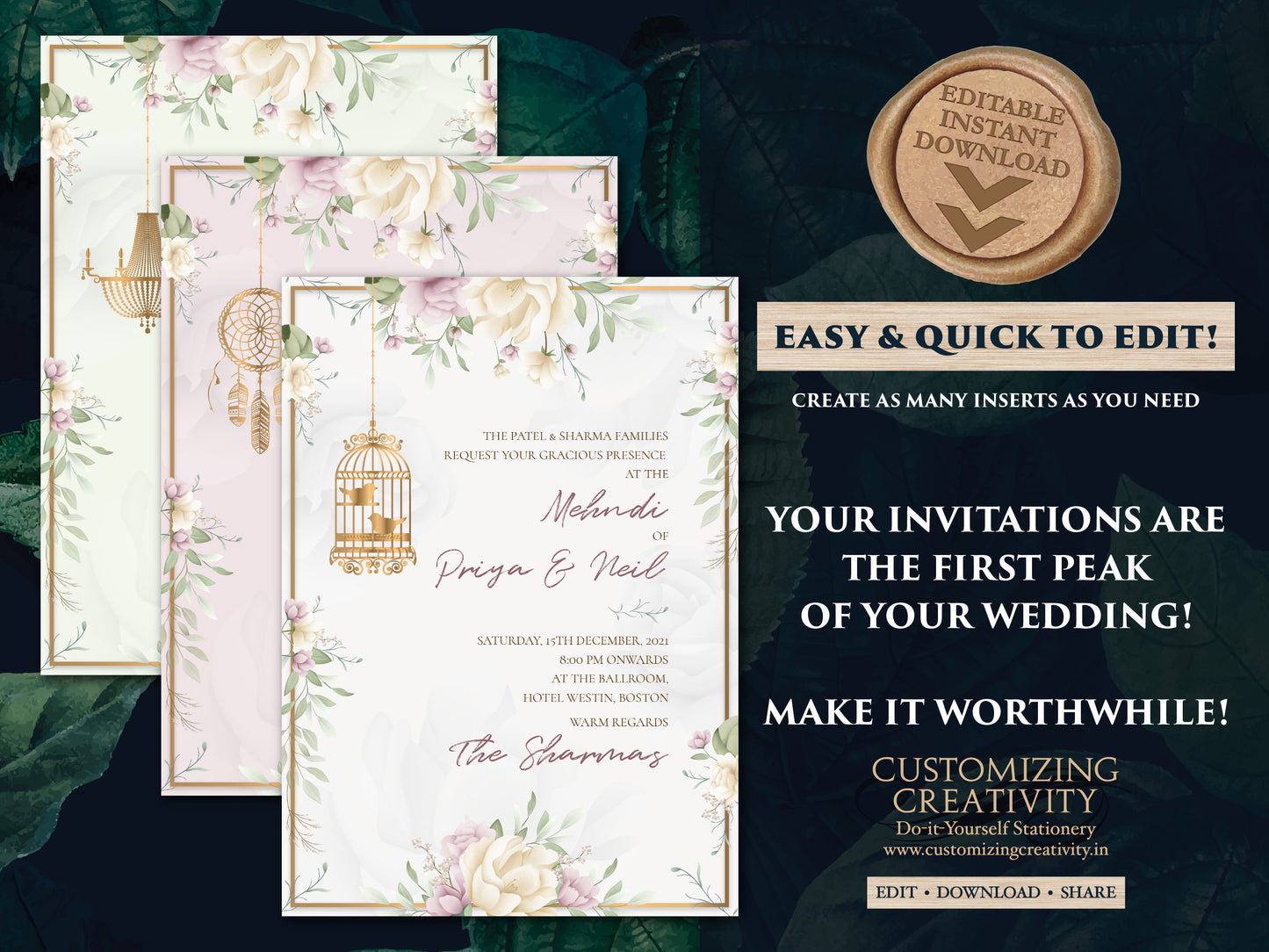 Indian invitations Wedding a Floral invitation cards Hindu wedding, Pastel Indian Invites, Floral Shaadi cards Indian & Sikh Wedding Invite