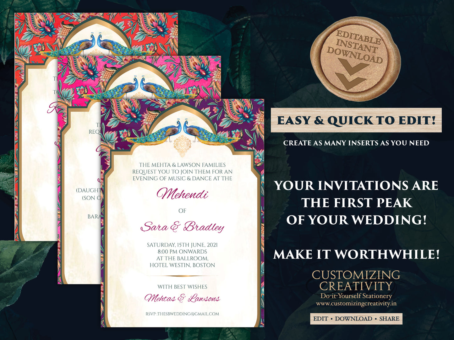 Paisley Wedding Invitation Template Download for a Boho Indian Wedding Peacock Invitation Suite, Modern, Elegant DIY Editable Wedding Invite