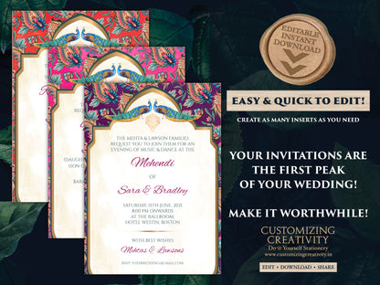 Paisley Wedding Invitation Template Download for a Boho Indian Wedding Peacock Invitation Suite, Modern, Elegant DIY Editable Wedding Invite