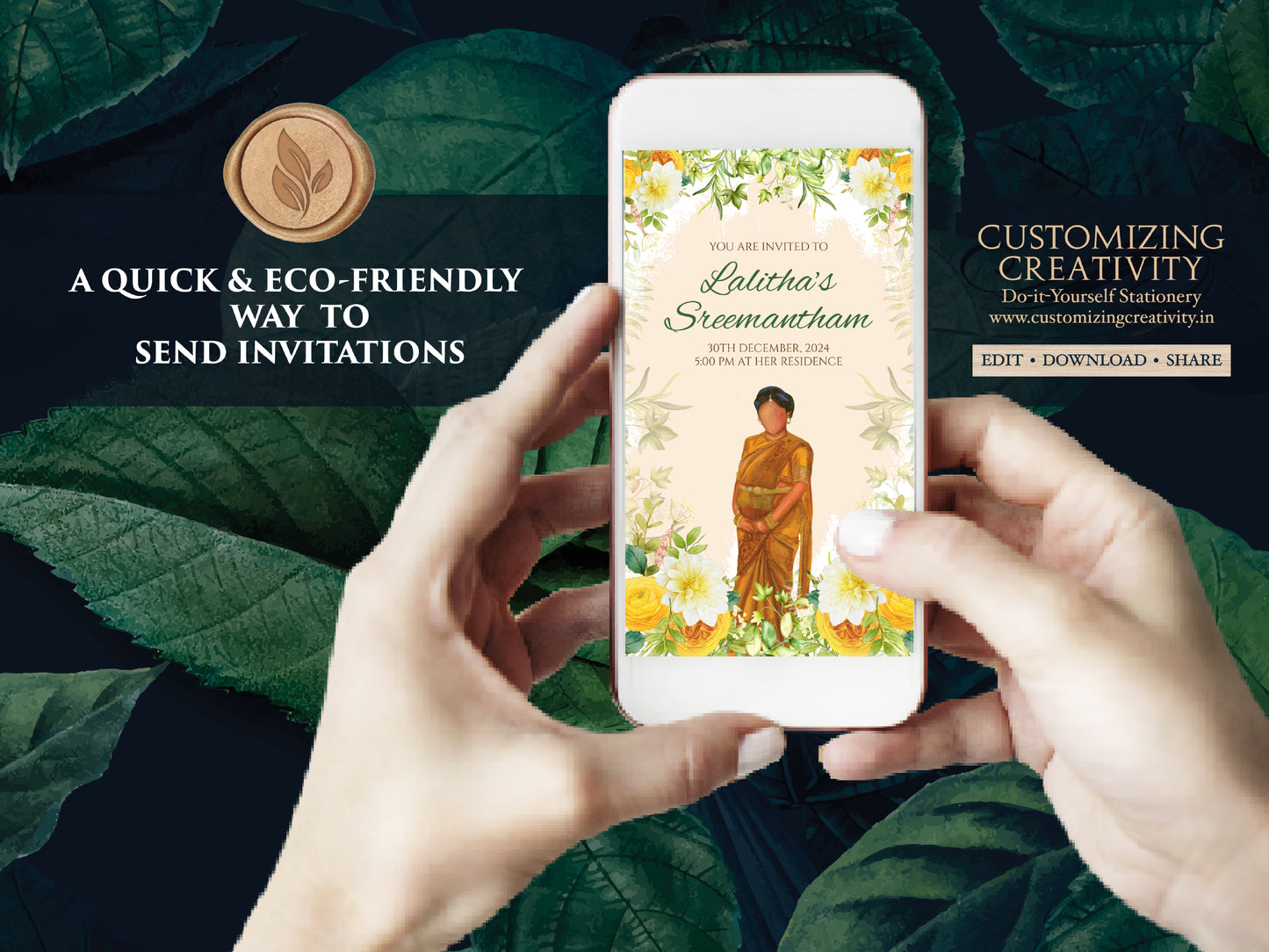 Sreemantham invite as Seemantham invitation, South Indian Baby Shower invite as Godh Bharai invite, Valaikappu Seemantham invite Godh bharai