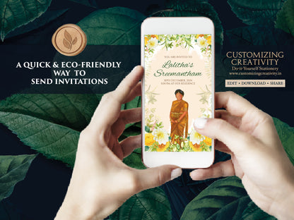 Sreemantham invite as Seemantham invitation, South Indian Baby Shower invite as Godh Bharai invite, Valaikappu Seemantham invite Godh bharai