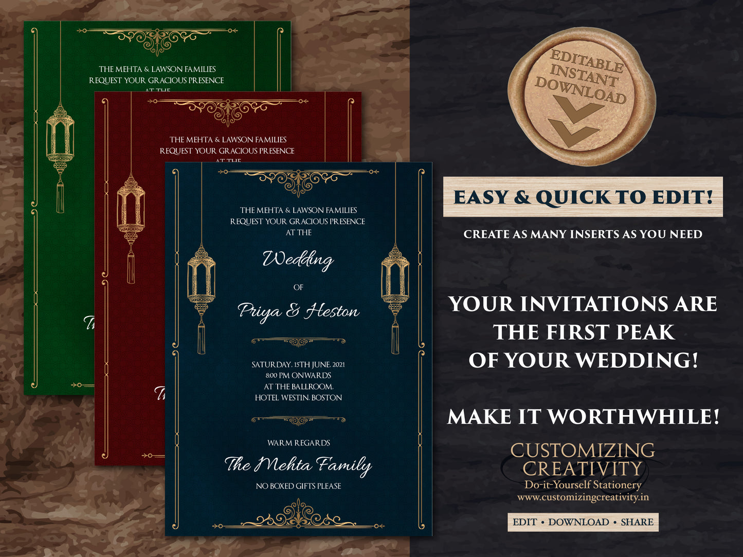 Jewel Tone Wedding Invitation Download for Fall Wedding Invite, Moroccan Invitation Suite Navy, Emerald & Burgundy Wedding, Arabic Wedding