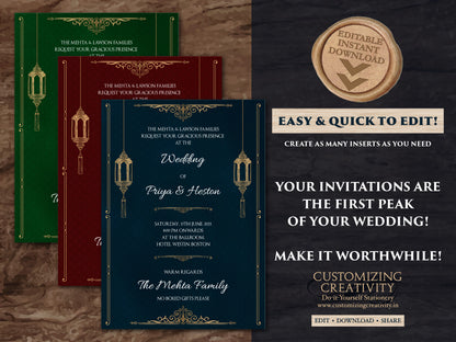 Jewel Tone Wedding Invitation Download for Fall Wedding Invite, Moroccan Invitation Suite Navy, Emerald & Burgundy Wedding, Arabic Wedding