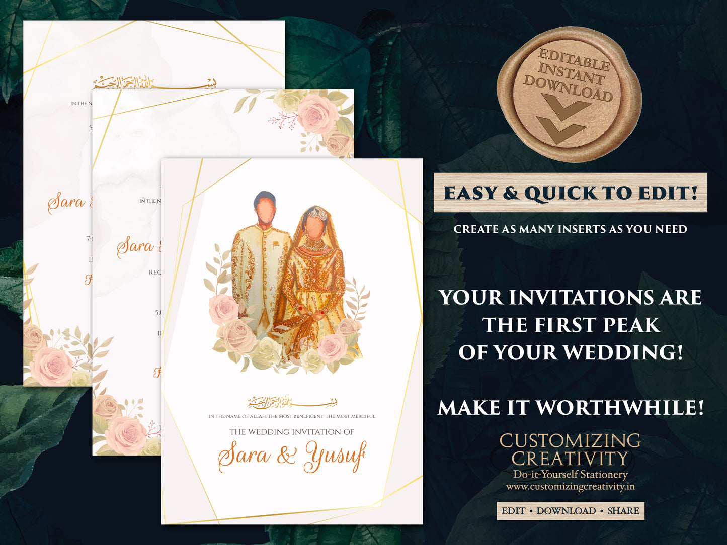 Muslim wedding card Shaadi invites, Muslim Invitations as Nikkah invite Digital, Pakistani Invitation Arabic Digital Nikkah cards Islamic